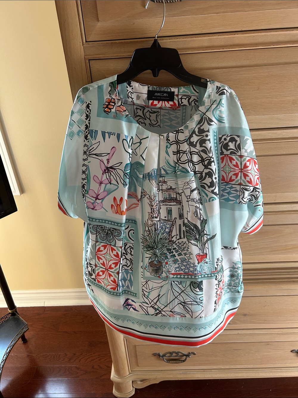 Marc Cain Mint Multicolor Scenic Print Short-Sleeve Blouse